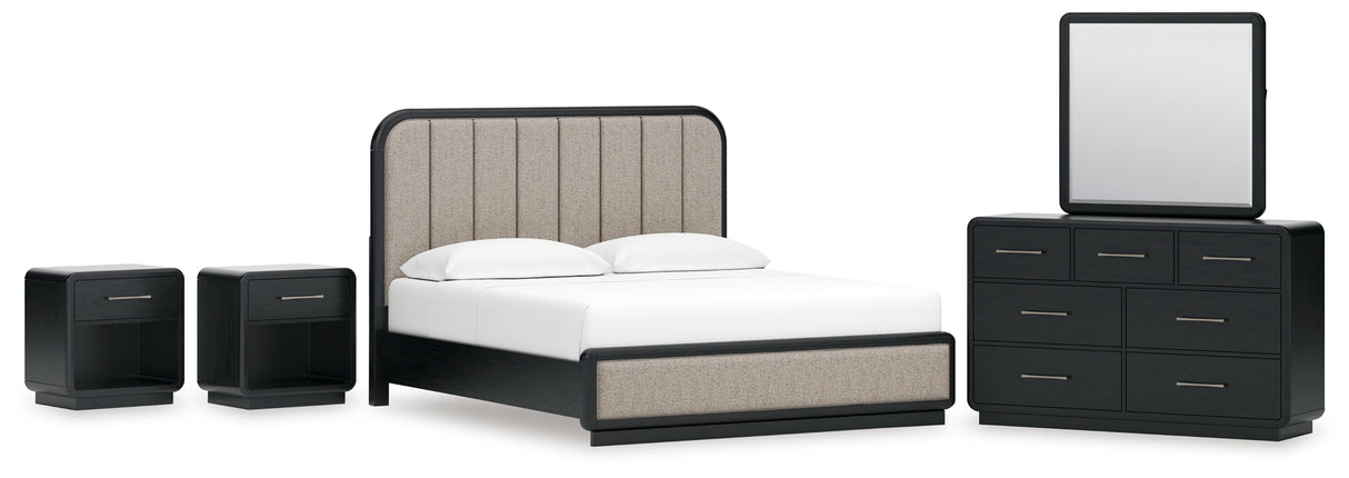 Rowanbeck King Upholstered Panel Bed with Mirrored Dresser and 2 Nightstands in Gray/Black from Ashley - Luna Furniture