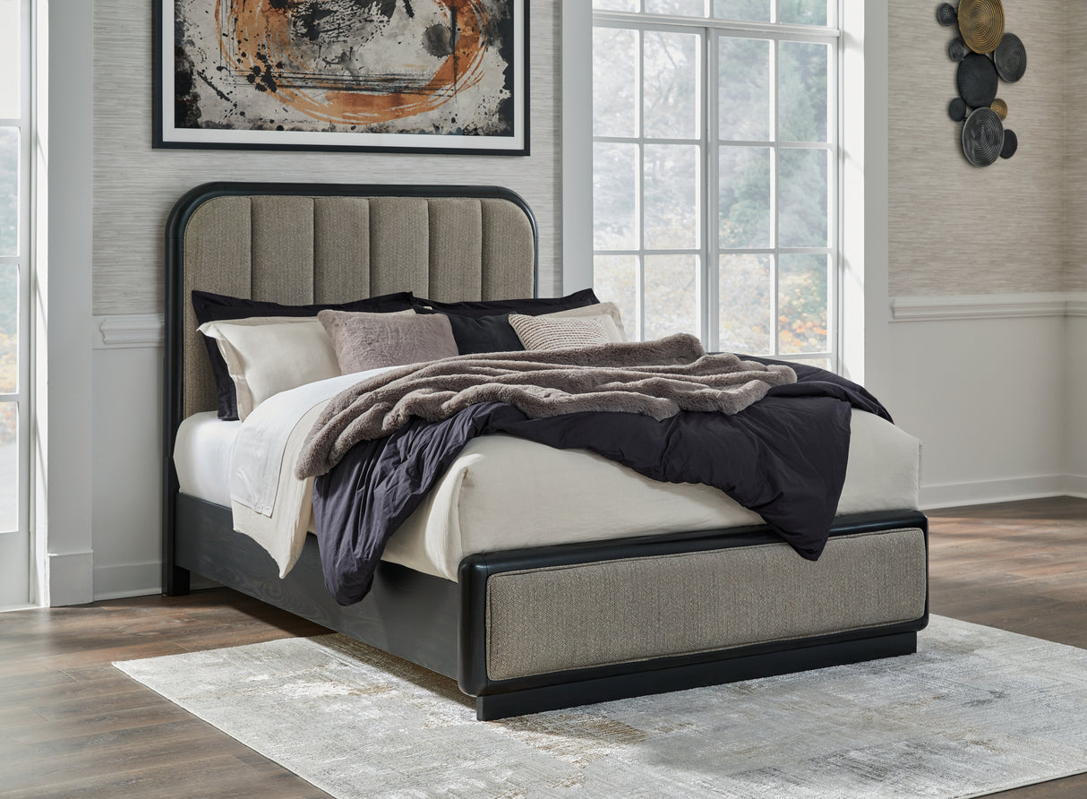 Rowanbeck Queen Upholstered Panel Bed with Dresser and 2 Nightstands in Gray/Black from Ashley - Luna Furniture
