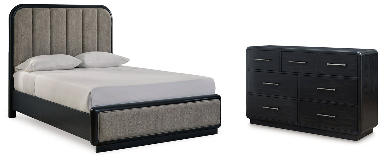 Rowanbeck Queen Upholstered Panel Bed with Dresser in Gray/Black from Ashley Furniture - Luna Furniture