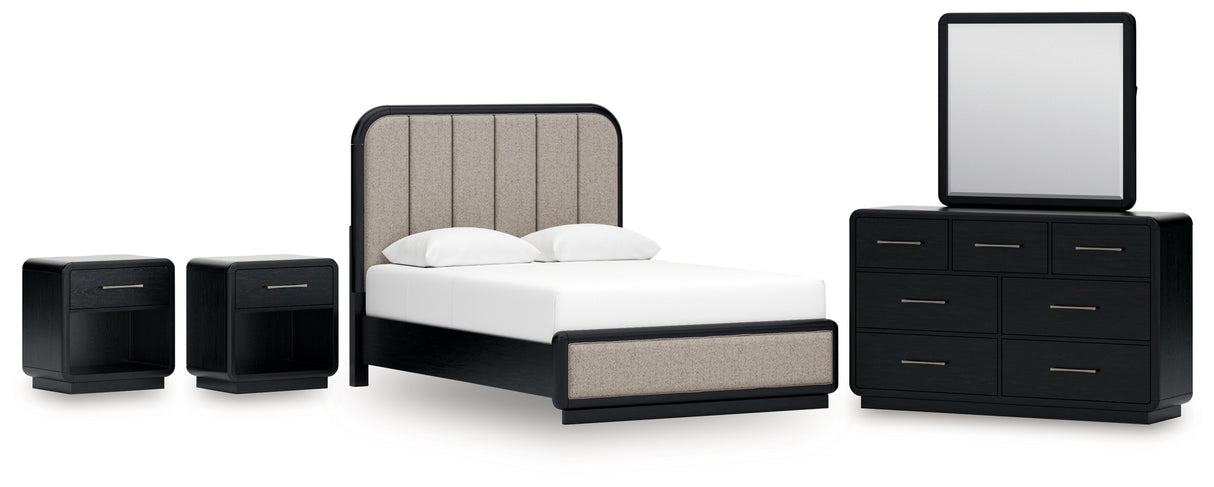 Rowanbeck Queen Upholstered Panel Bed with Mirrored Dresser and 2 Nightstands in Gray/Black from Ashley - Luna Furniture