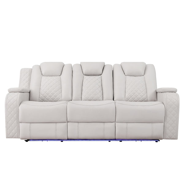 Radiant Gray/White Power Reclining Sofa with LED Lights and Drop-Down Table