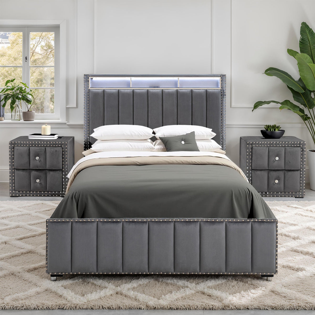 Farese Dark Gray Queen Bed with 2 Nightstands from Furniture of America - Luna Furniture