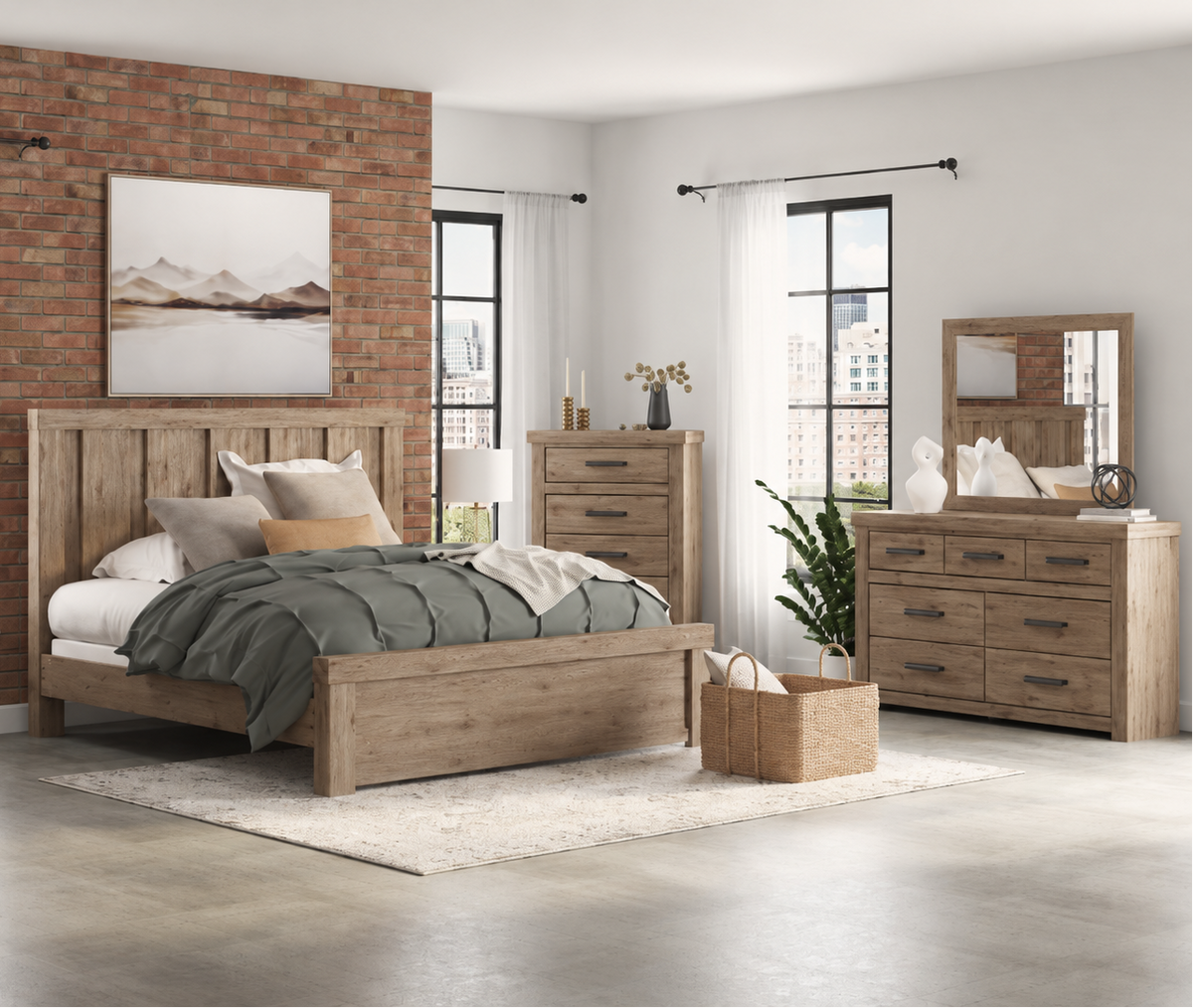 Oliandon Light Brown King Panel Bed, Mirror and Dresser with Chest