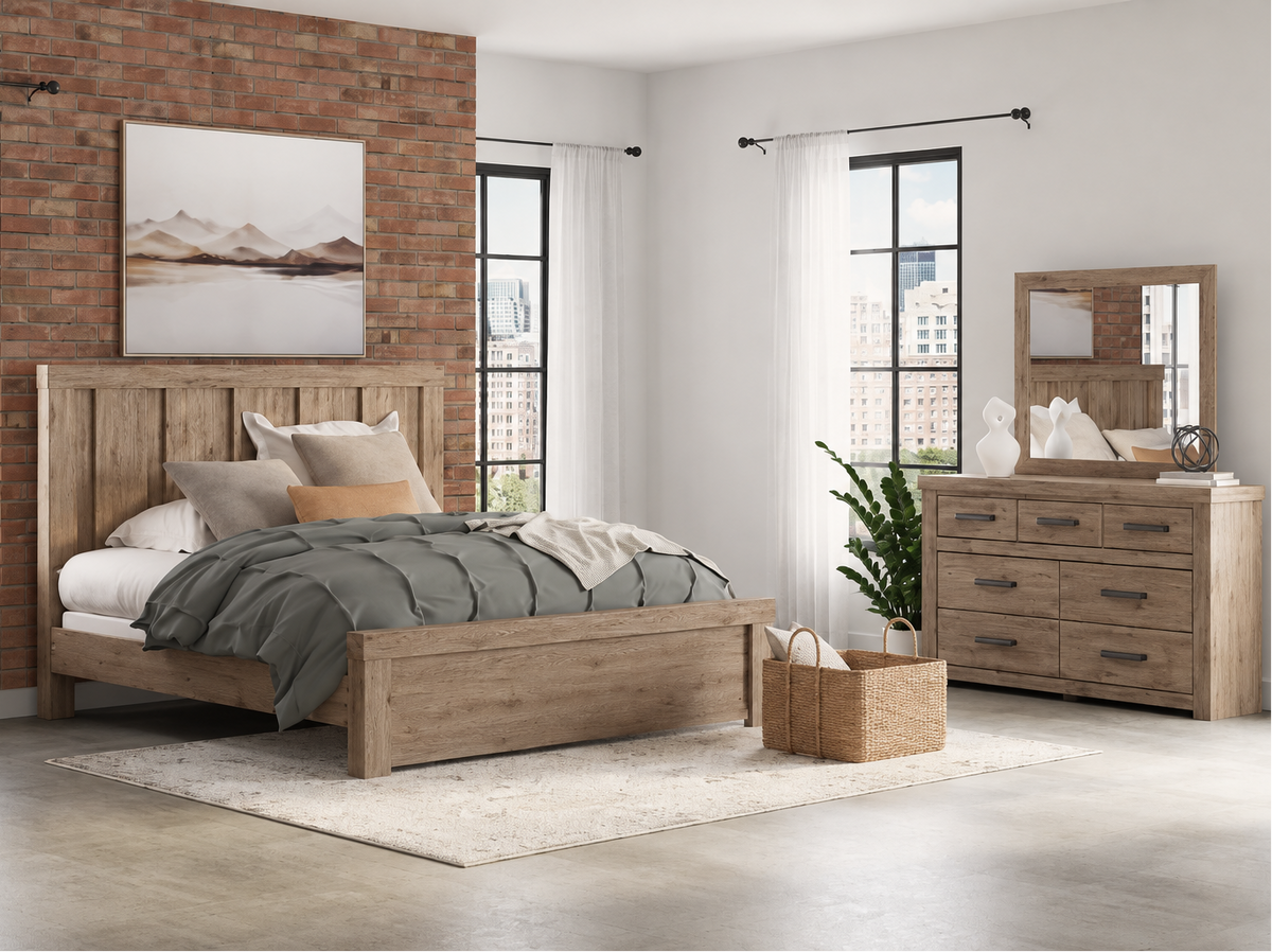 Oliandon Light Brown King Panel Bed, Mirror and Dresser