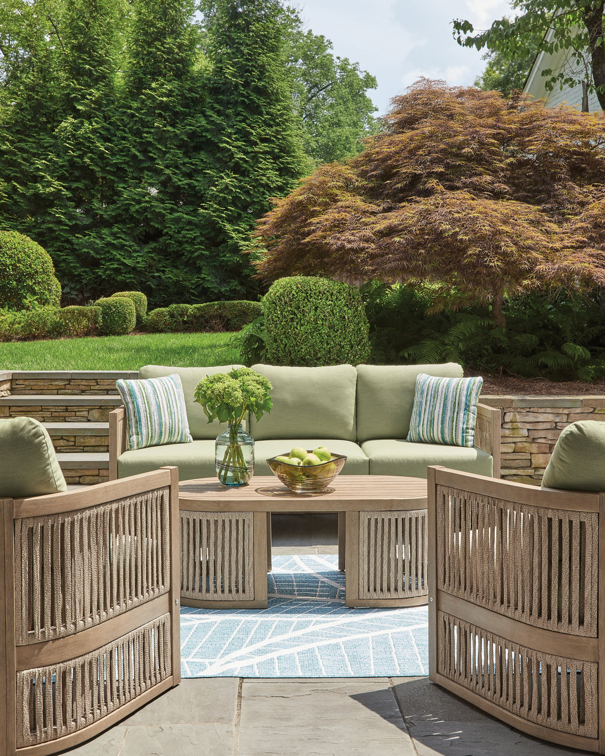 Serena Shores Outdoor Sofa and 2 Chairs with Coffee Table in Beige/Green from Ashley Furniture - Luna Furniture