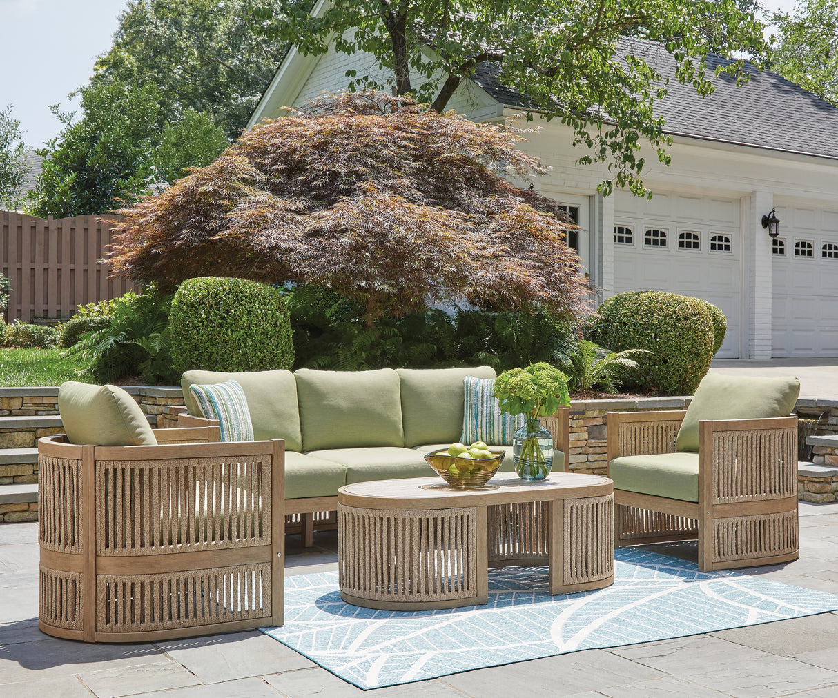 Serena Shores Outdoor Sofa and 2 Chairs with Coffee Table in Beige/Green from Ashley Furniture - Luna Furniture
