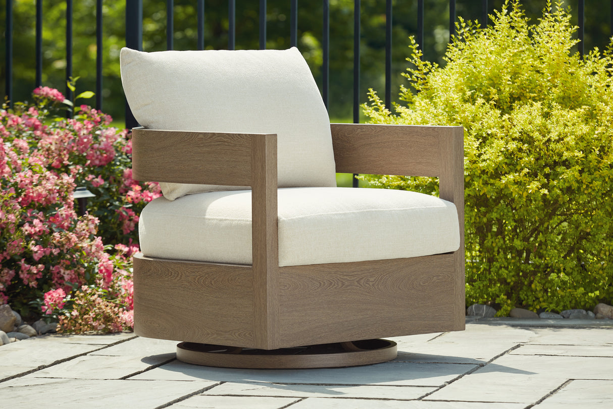 Serene Bay Dark Brown/White Outdoor Swivel Glider Chair with Cushion from Ashley - Luna Furniture