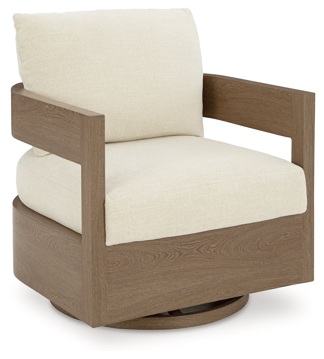 Serene Bay Dark Brown/White Outdoor Swivel Glider Chair with Cushion from Ashley - Luna Furniture
