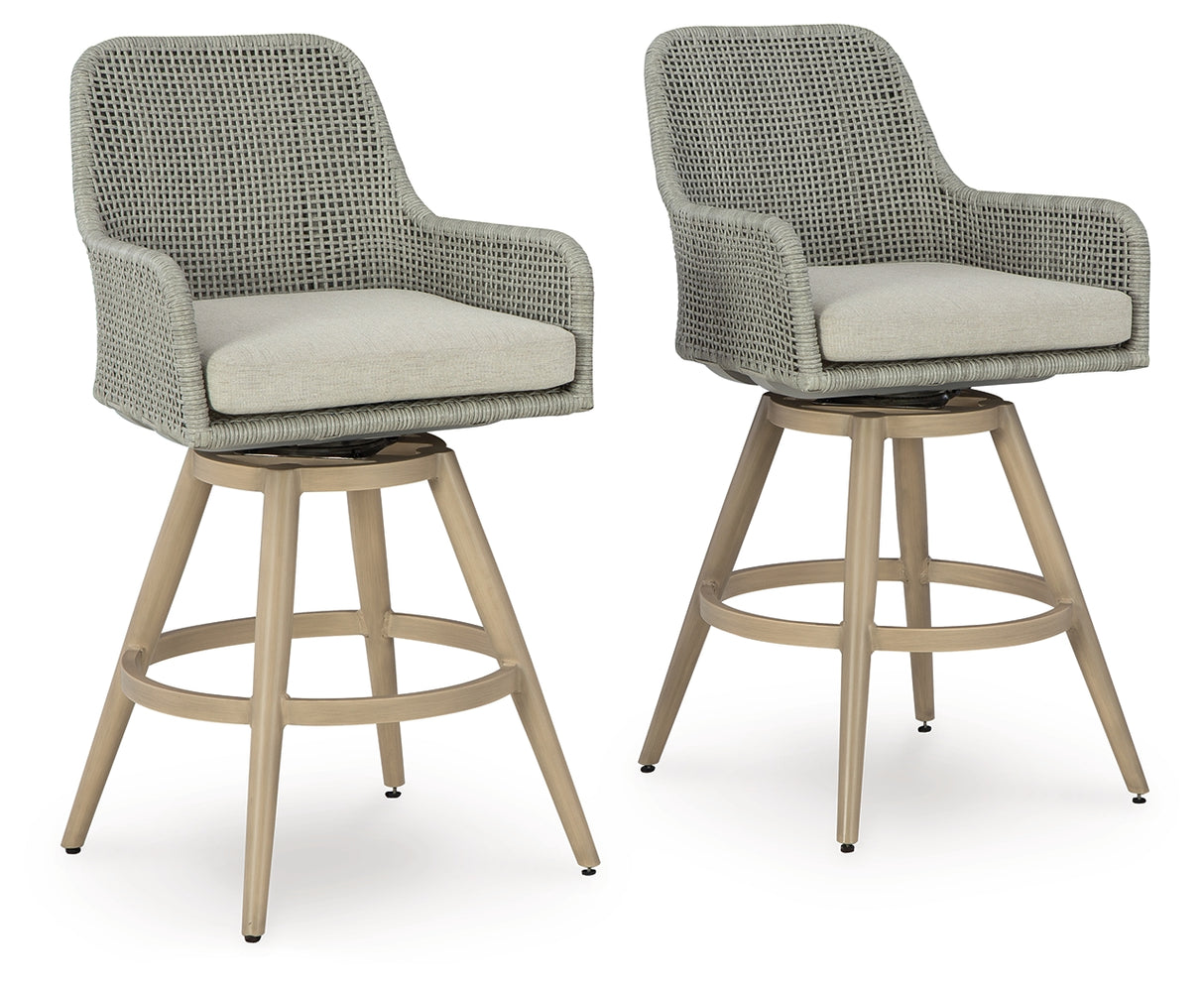 Seton Creek Beige/Gray Outdoor Bar Height Barstool with Cushion (Set of 2) from Ashley - Luna Furniture