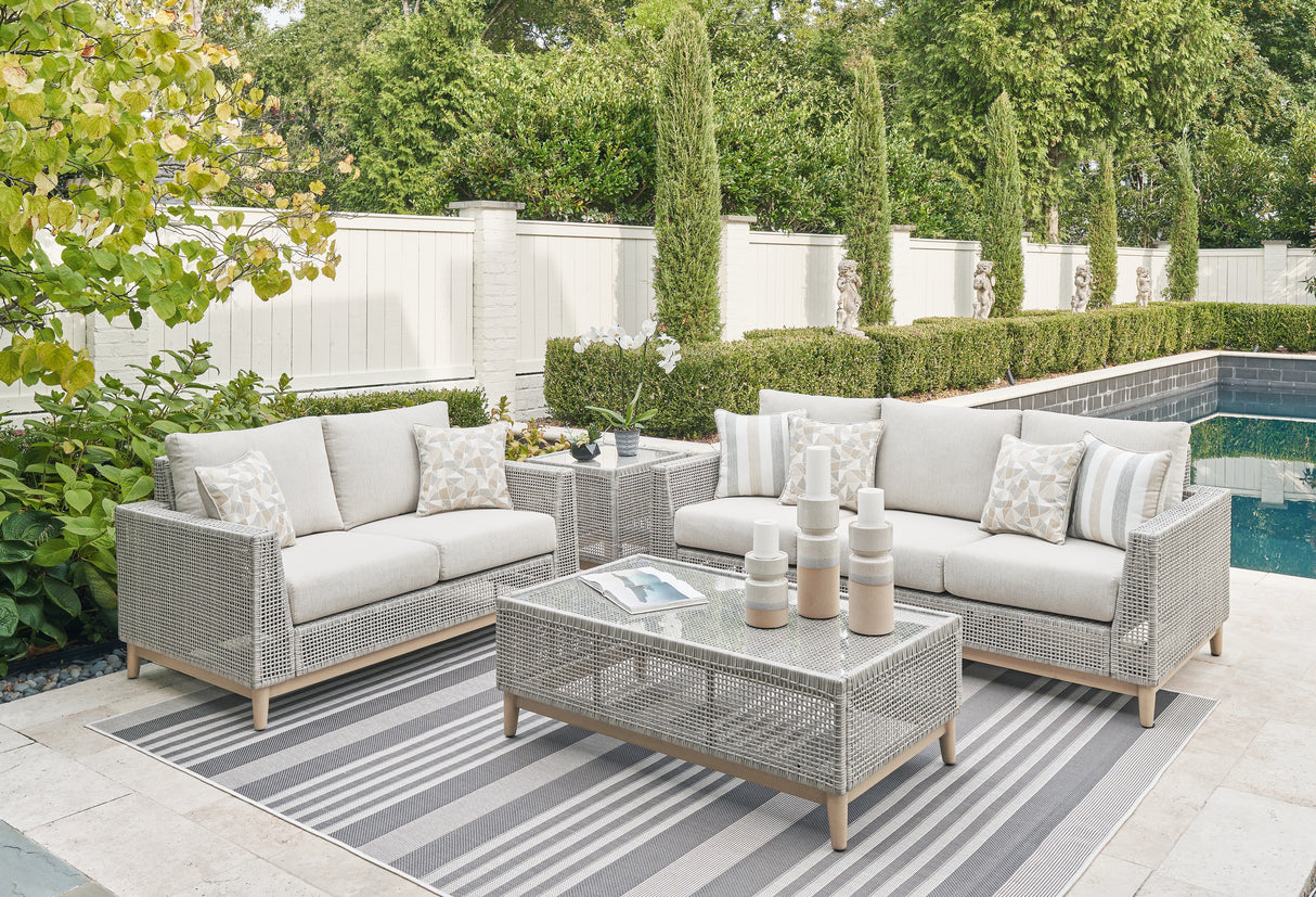 Seton Creek Outdoor Sofa and Loveseat with Coffee Table in Gray from Ashley - Luna Furniture