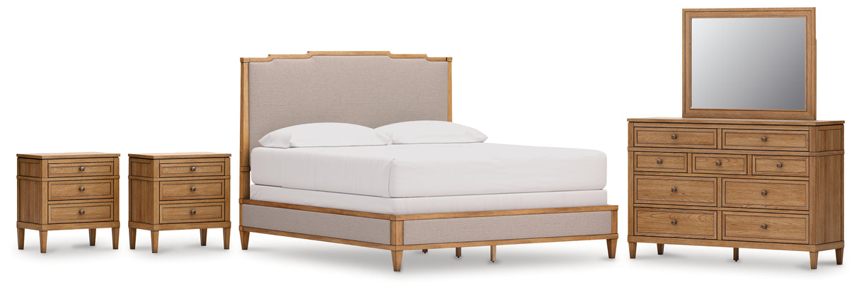 Sharlance California King Upholstered Panel Bed with Mirrored Dresser and 2 Nightstands in Light Brown from Ashley Furniture - Luna Furniture