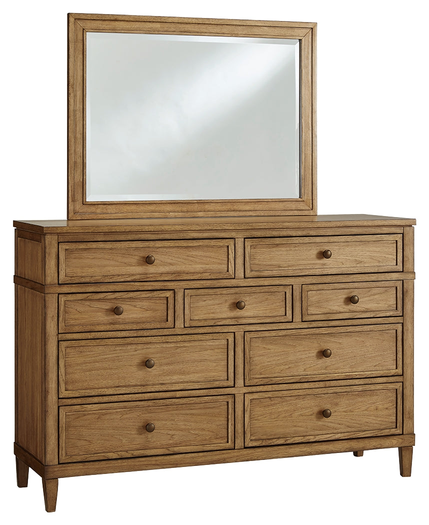 Sharlance King Upholstered Panel Bed with Mirrored Dresser, Chest and Nightstand in Light Brown from Ashley - Luna Furniture