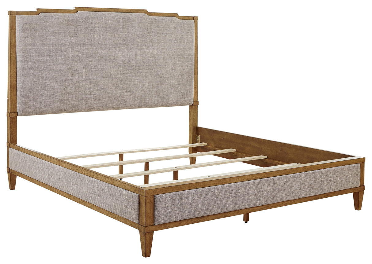 Sharlance King Upholstered Panel Bed with Mirrored Dresser and 2 Nightstands in Light Brown from Ashley - Luna Furniture