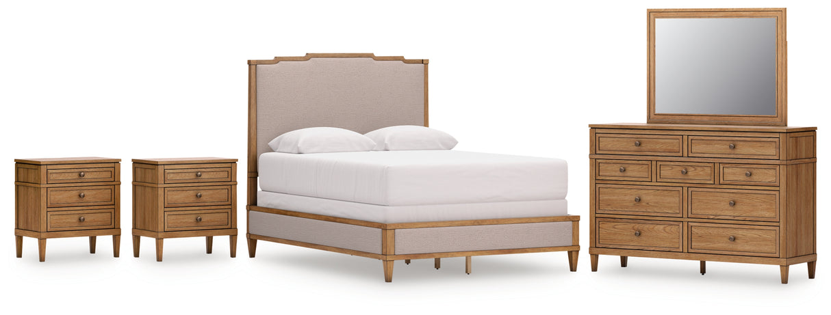 Sharlance Queen Upholstered Panel Bed with Mirrored Dresser and 2 Nightstands in Brown from Ashley Furniture - Luna Furniture
