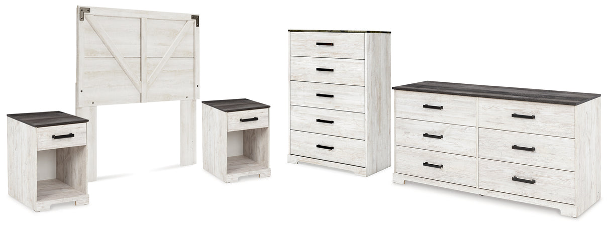 Shawburn Full Panel Headboard with Dresser, Chest and 2 Nightstands in Whitewash from Ashley - Luna Furniture