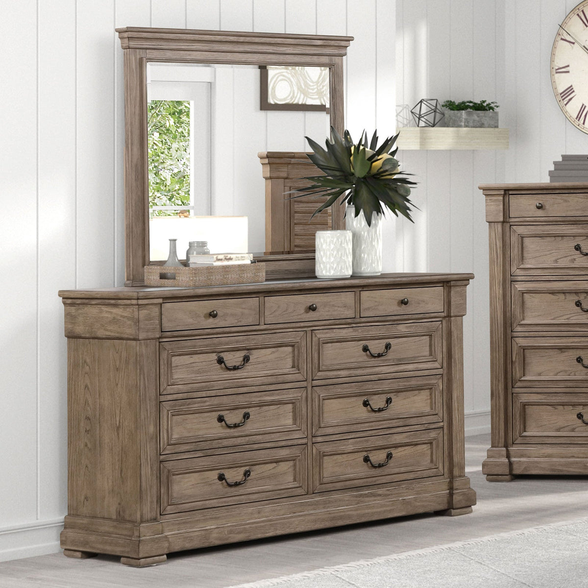 weathered grey wood dresser Beautiful White And Weathered Gray Transitional Style 1Pc Dresser Of 6  Drawers Antique Handles Bedroom Furniture Wooden White Gray Bedroom main image 0