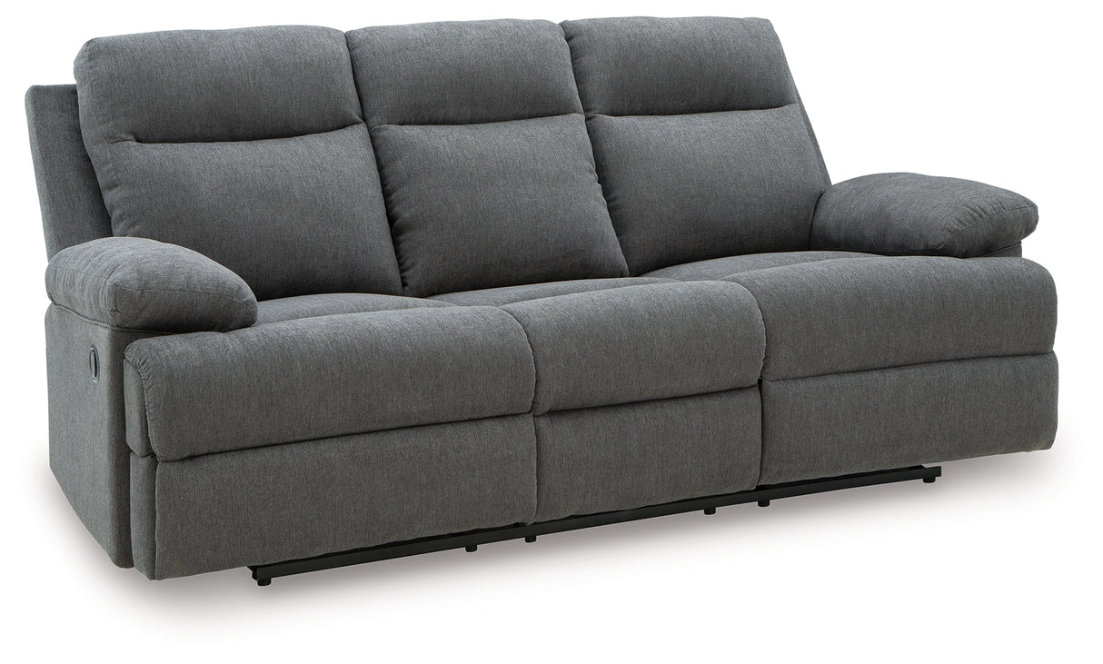 Side-Swipe Charcoal Reclining Sofa with Drop Down Table from Ashley Furniture - Luna Furniture