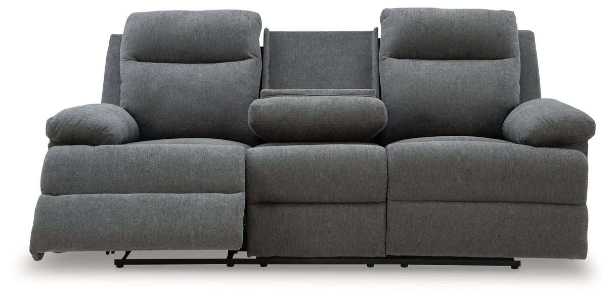 Side-Swipe Charcoal Reclining Sofa with Drop Down Table from Ashley Furniture - Luna Furniture
