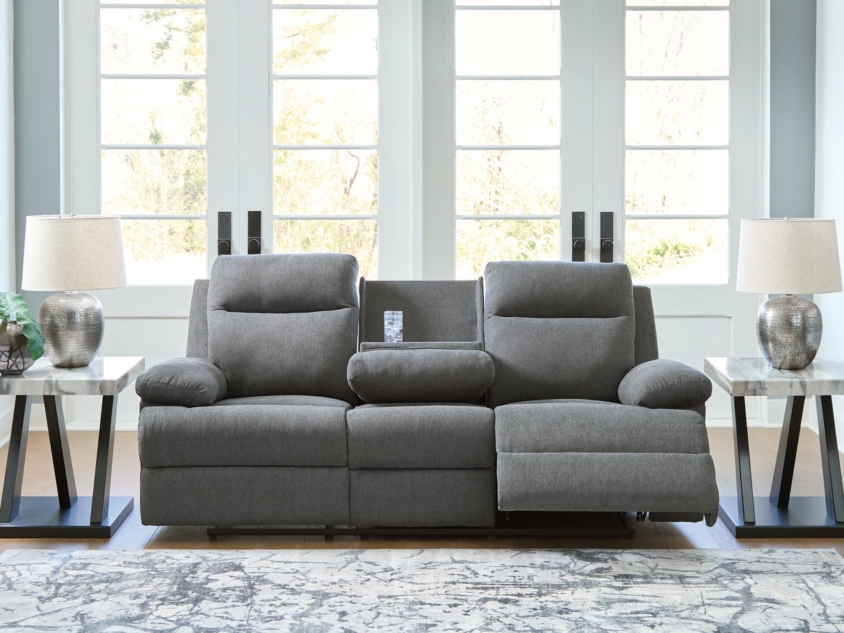 Side-Swipe Charcoal Reclining Sofa with Drop Down Table from Ashley Furniture - Luna Furniture