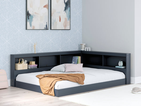 Simmenfort Navy Blue Full Bookcase Corner Storage Bed