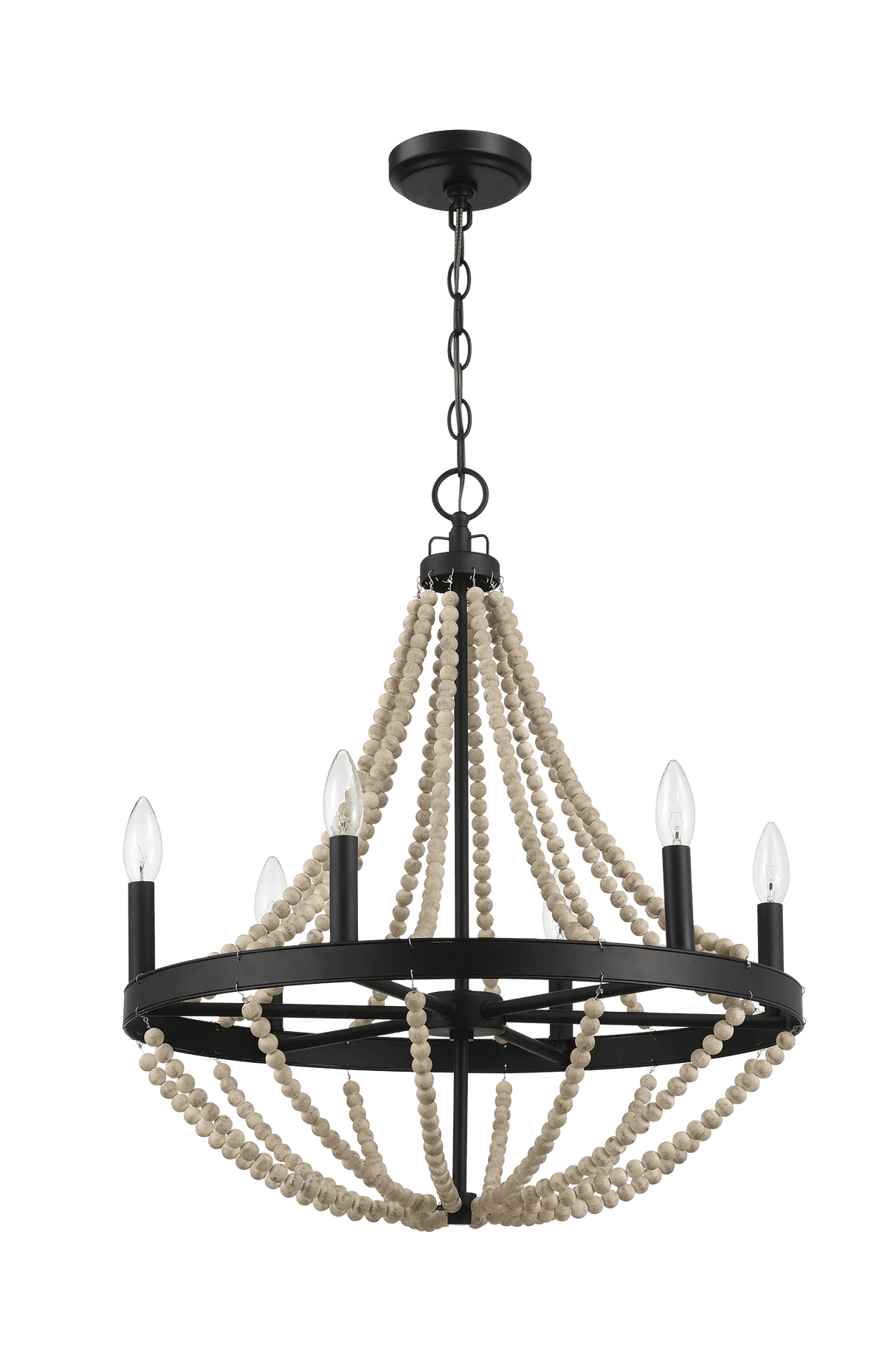 Starry Wood Chandelier Farmhouse Six Candle Light Wood Beaded Black Pendant Light for Dining Room from Midinmod - Luna Furniture