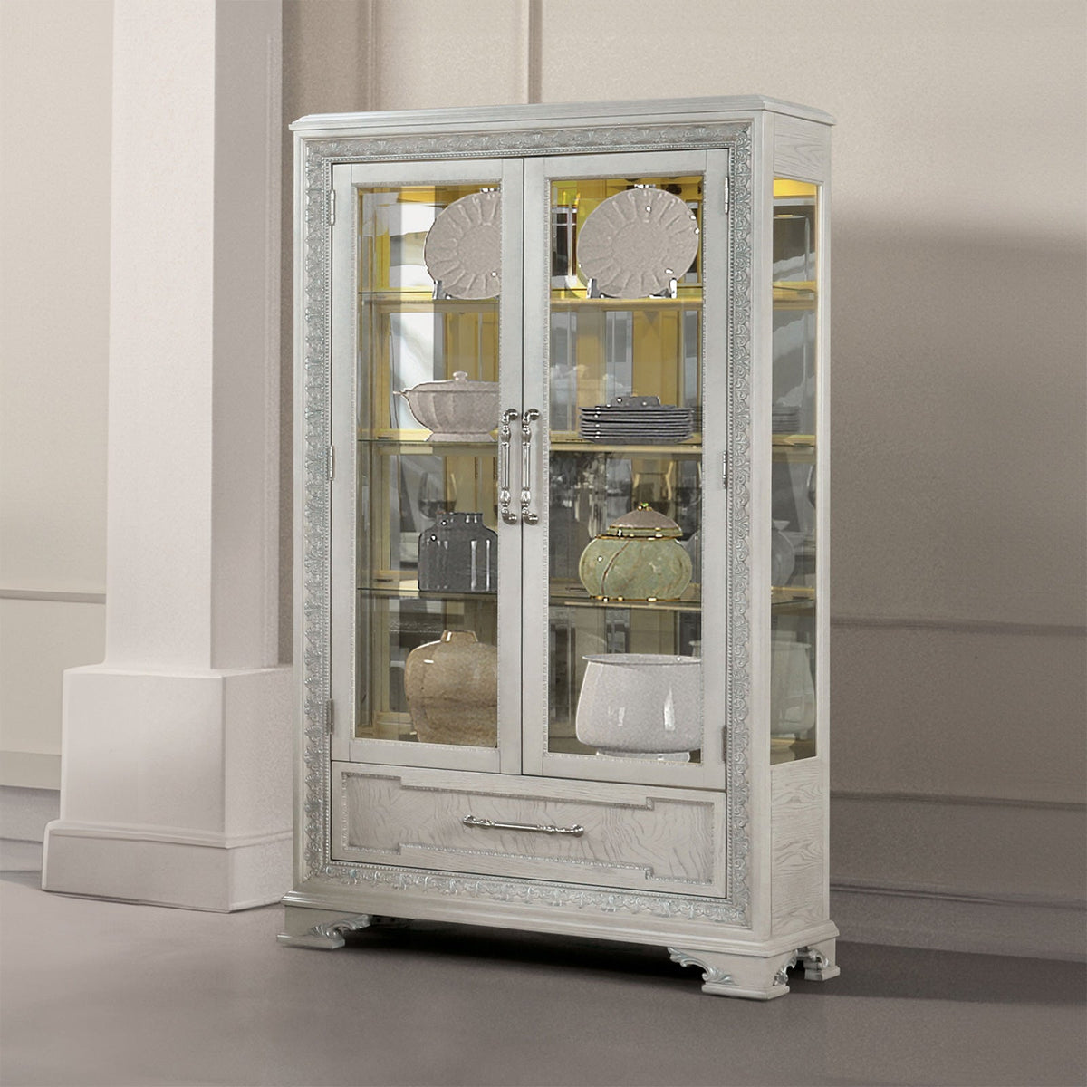 country tuscan hardwood wall curio cabinet lily white finish Furniture of America Stella Mia Ivory Curio Cabinet – Luna Furniture