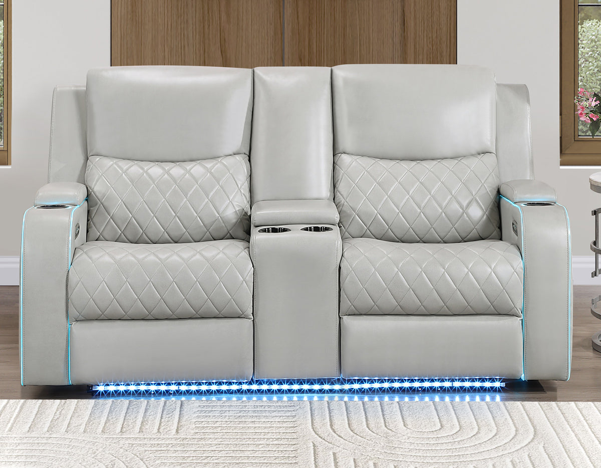 Luna Home Cinema Power Reclining Console Loveseat, Ice Vegan Leather from Steve Silver - Luna Furniture