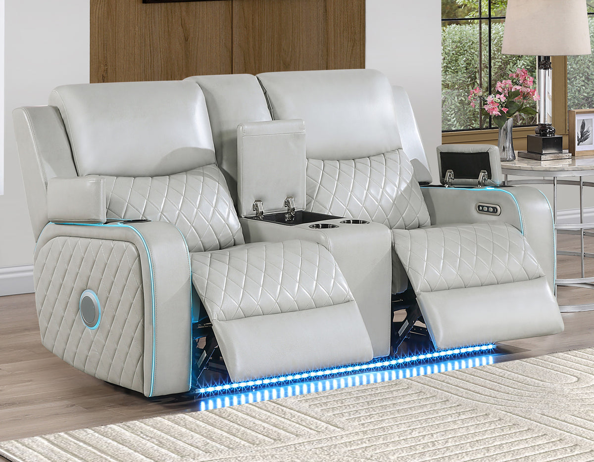Luna Home Cinema Power Reclining Console Loveseat, Ice Vegan Leather from Steve Silver - Luna Furniture
