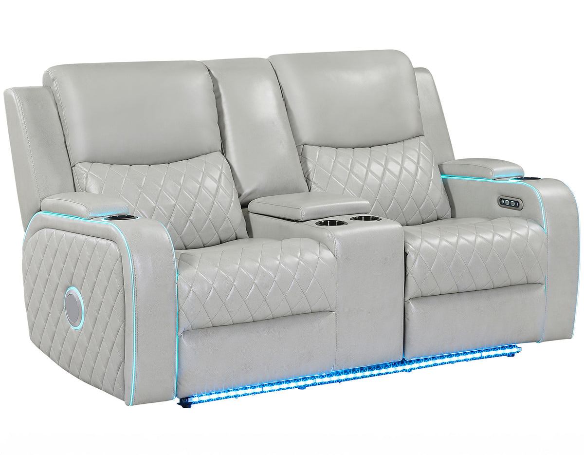Luna Home Cinema Power Reclining Console Loveseat, Ice Vegan Leather from Steve Silver - Luna Furniture