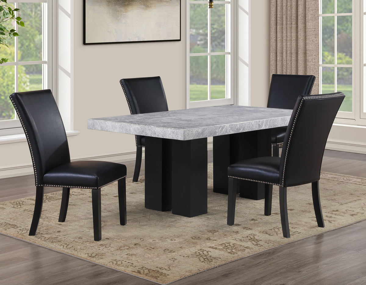 Artemis Black 5-Piece 70" Rectangle Gray Marble Table with 4 Black Vegan Leather Chairs from Steve Silver - Luna Furniture