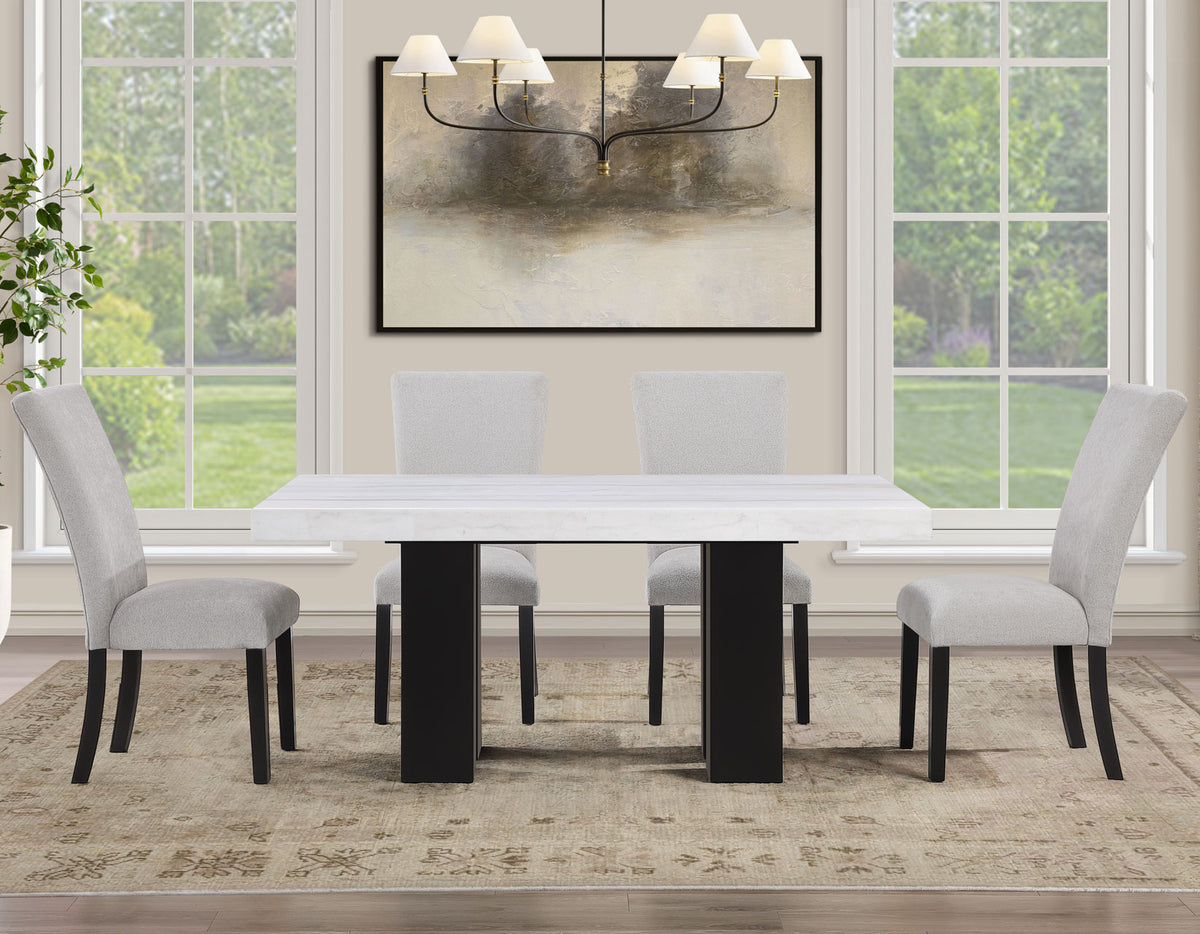 Artemis White/Gray 5-Piece 70″ Rectangle Marble Top Dining Set with Chenille Chairs from Steve Silver - Luna Furniture