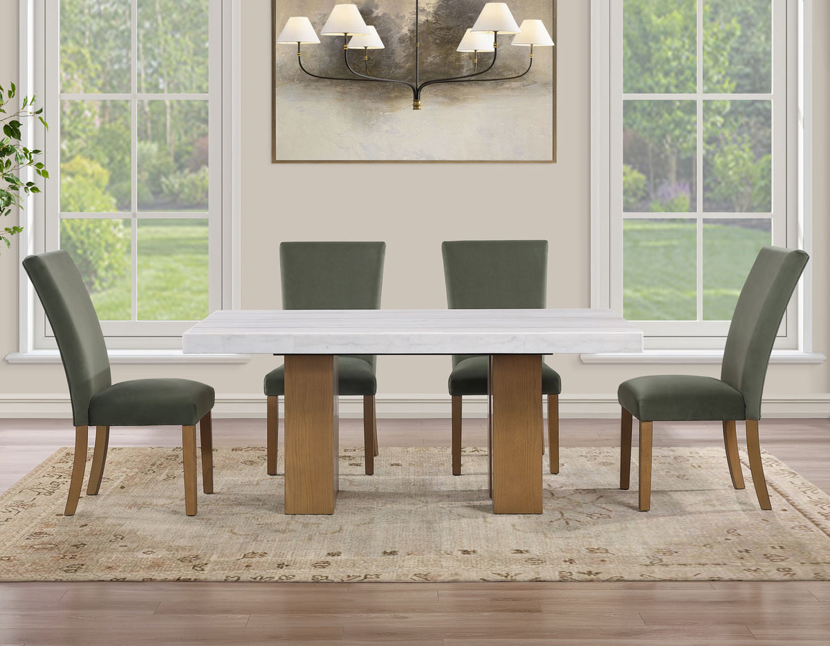 Artemis Green/Sand 70" Rectangle White Marble Table with 4 Green Velvet Chairs from Steve Silver - Luna Furniture