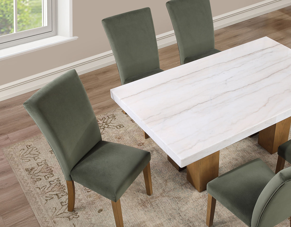Artemis Green/Sand 70" Rectangle White Marble Table with 4 Green Velvet Chairs from Steve Silver - Luna Furniture