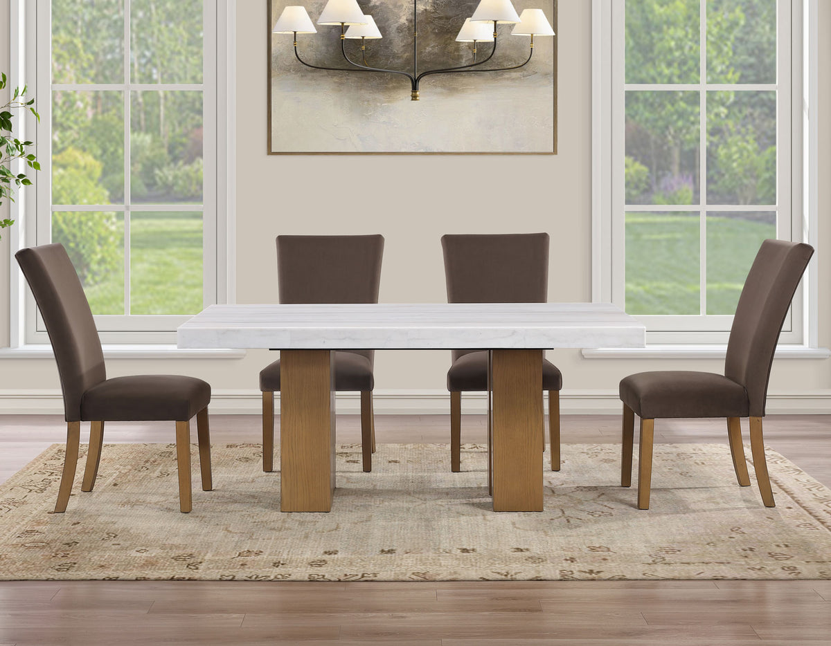 Artemis Brown/Sand 70" Rectangle White Marble Table with 4 Brown Velvet Chairs from Steve Silver - Luna Furniture