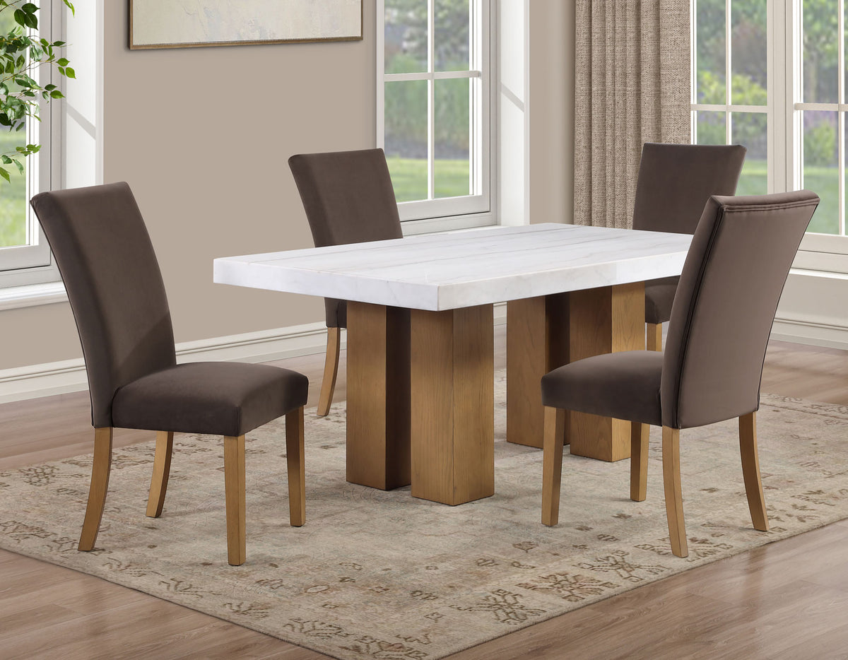 Artemis Brown/Sand 70" Rectangle White Marble Table with 4 Brown Velvet Chairs from Steve Silver - Luna Furniture