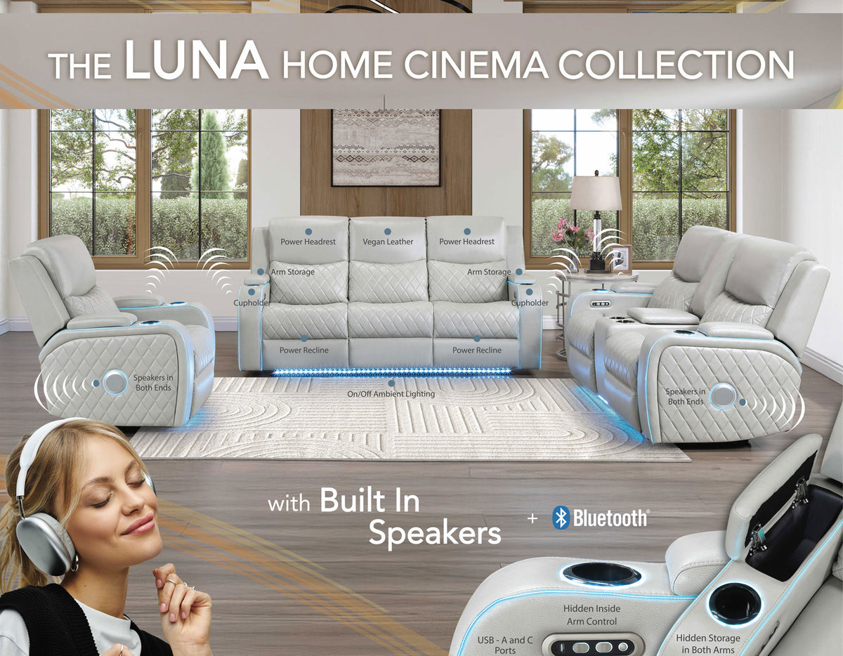 Luna 3-Piece Home Cinema Power Reclining Set, Ice Vegan Leather from Steve Silver - Luna Furniture