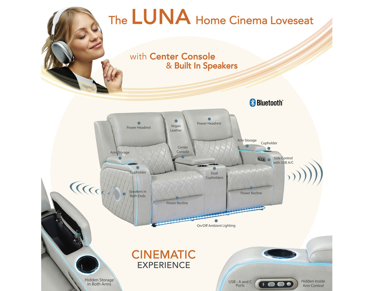 Luna Home Cinema Power Reclining Console Loveseat, Ice Vegan Leather from Steve Silver - Luna Furniture