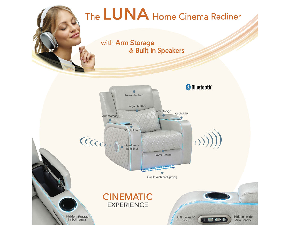 Luna Home Cinema Power Recliner, Ice Vegan Leather from Steve Silver - Luna Furniture