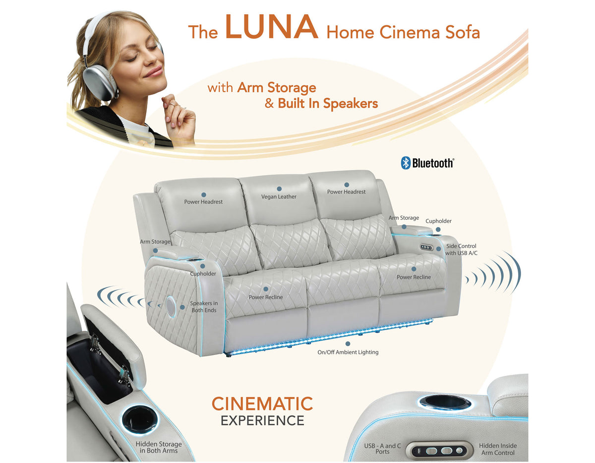 Luna Home Cinema Power Reclining Sofa, Ice Vegan Leather from Steve Silver - Luna Furniture