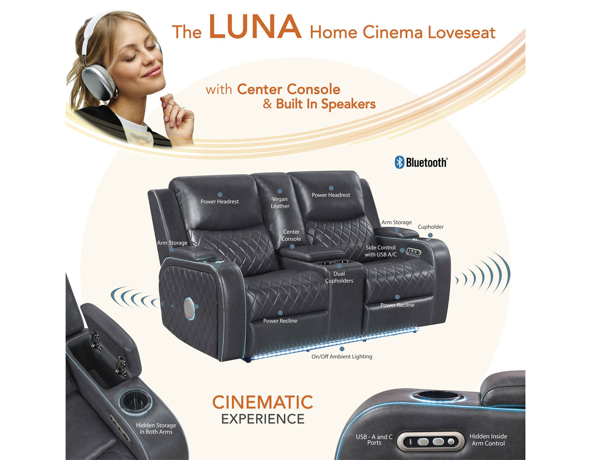 Luna Home Cinema Power Reclining Console Loveseat, Charcoal Vegan Leather from Steve Silver - Luna Furniture