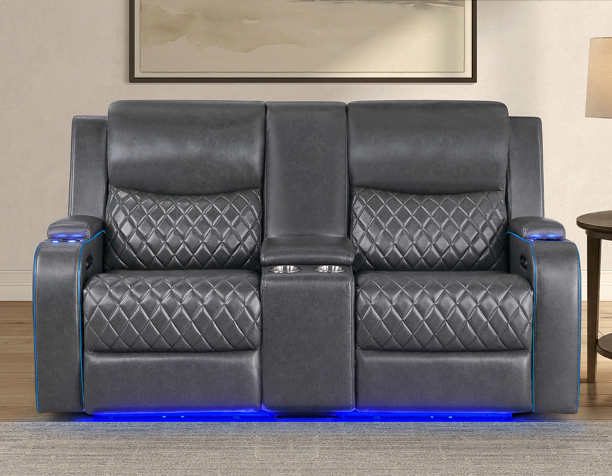 Luna Home Cinema Power Reclining Console Loveseat, Charcoal Vegan Leather