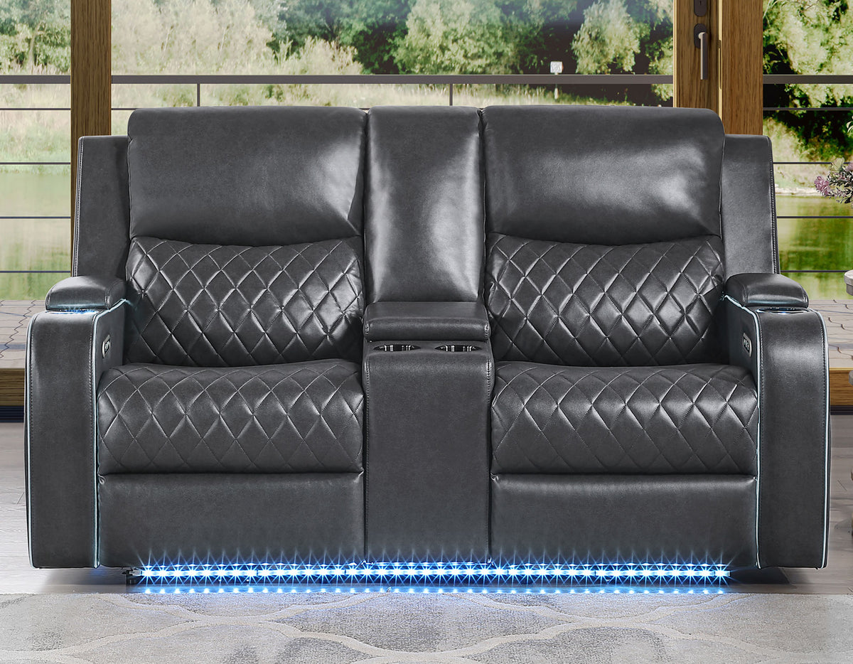 Luna Home Cinema Power Reclining Console Loveseat, Charcoal Vegan Leather from Steve Silver - Luna Furniture
