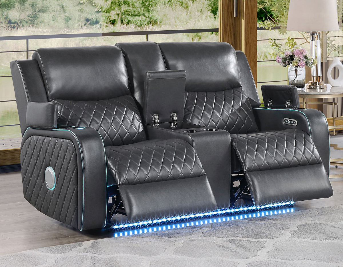 Luna Home Cinema Power Reclining Console Loveseat, Charcoal Vegan Leather from Steve Silver - Luna Furniture