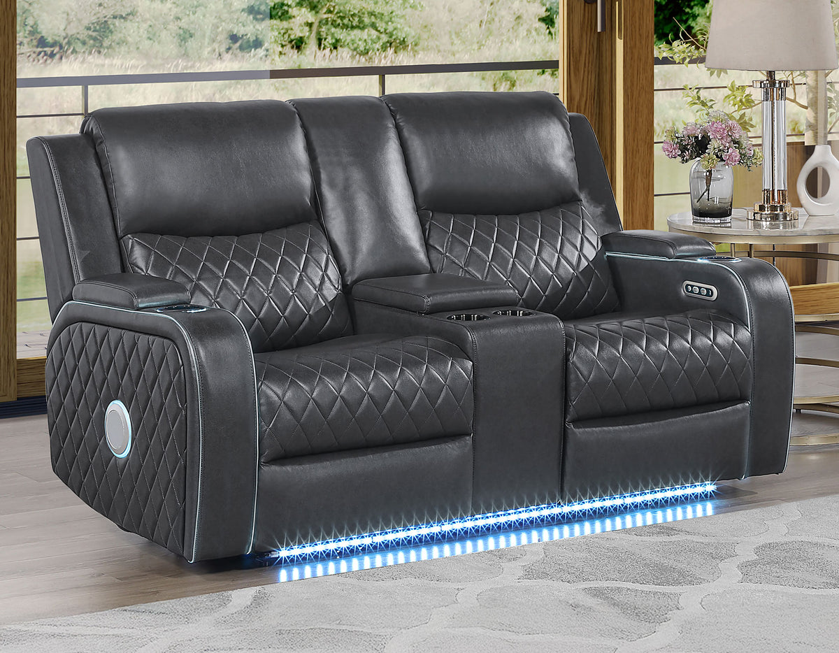 Luna Home Cinema Power Reclining Console Loveseat, Charcoal Vegan Leather from Steve Silver - Luna Furniture