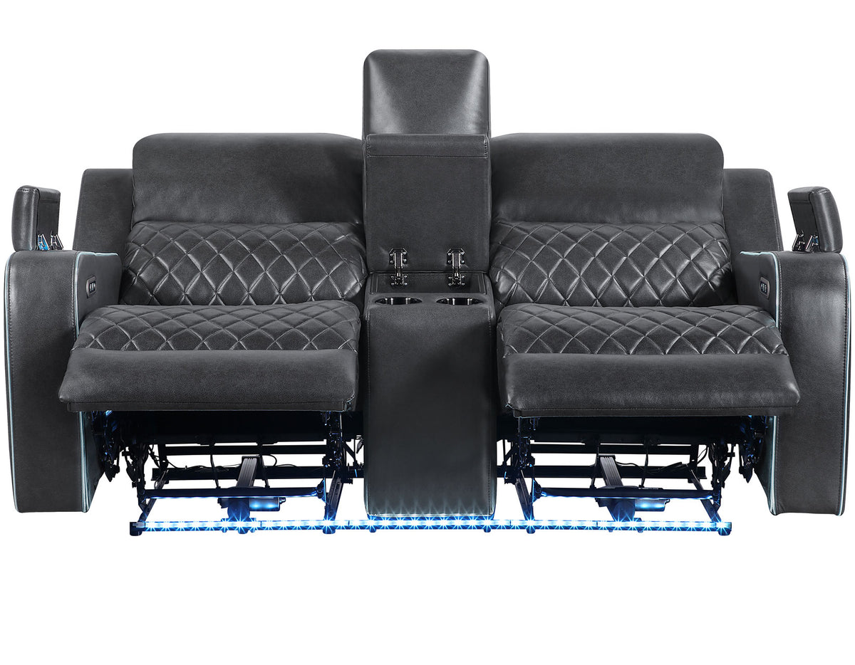 Luna Home Cinema Power Reclining Console Loveseat, Charcoal Vegan Leather from Steve Silver - Luna Furniture