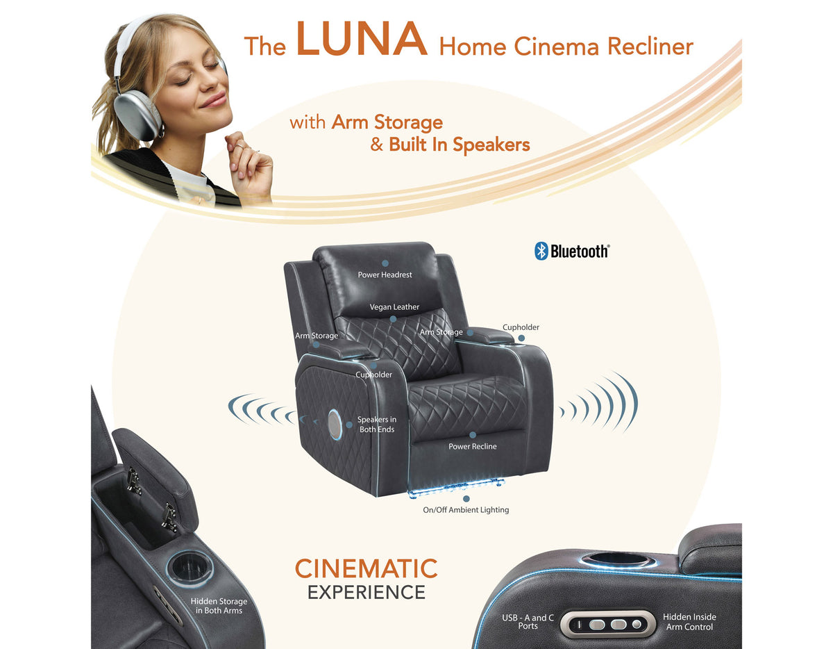 Luna Home Cinema Power Recliner, Charcoal Vegan Leather from Steve Silver - Luna Furniture