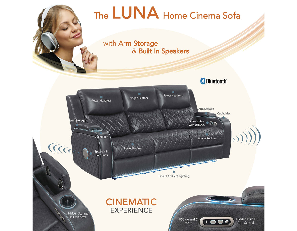 Luna Home Cinema Power Reclining Sofa, Charcoal Vegan Leather from Steve Silver - Luna Furniture