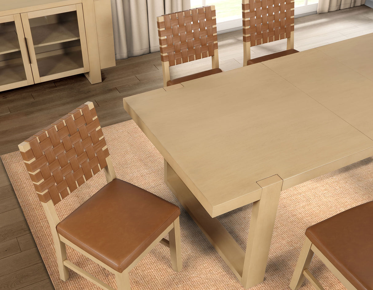 Reid 5-Piece 77-95″ Dining Set, Sand Finish with Camel Vegan Leather from Steve Silver - Luna Furniture