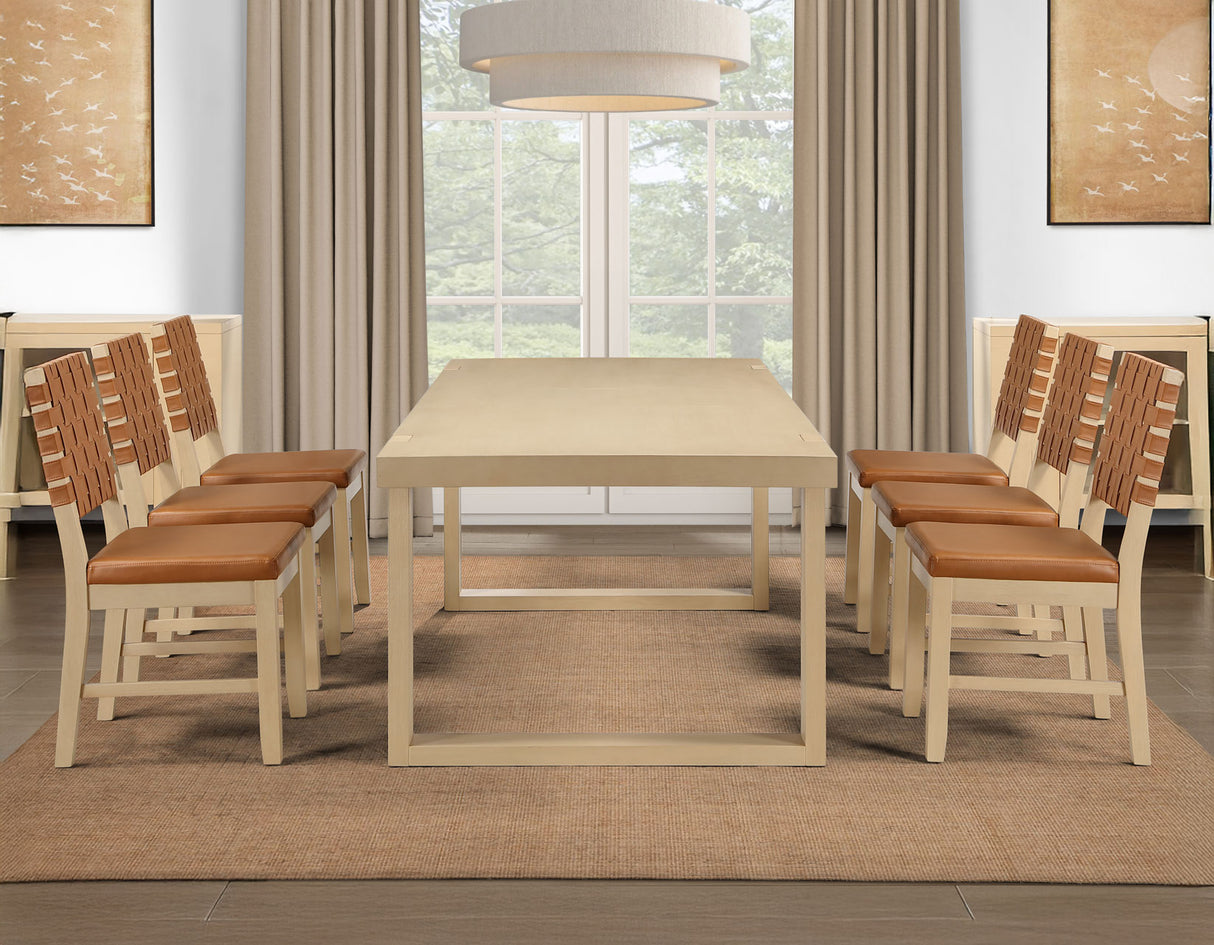 Reid 5-Piece 77-95″ Dining Set, Sand Finish with Camel Vegan Leather from Steve Silver - Luna Furniture
