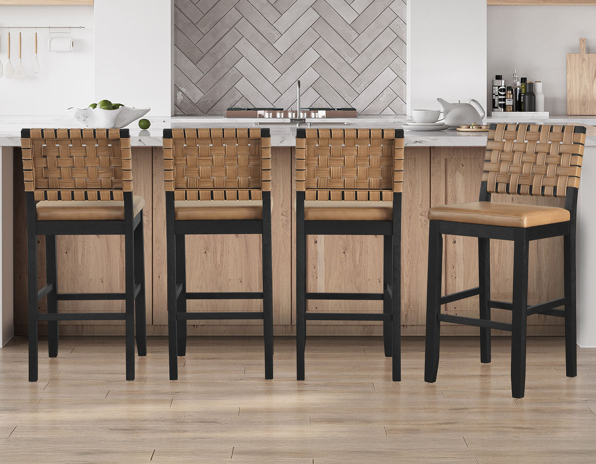 Reid Saddle Brown Vegan Leather 30″ Bar Stool, Black Finish, Set of 2 from Steve Silver - Luna Furniture